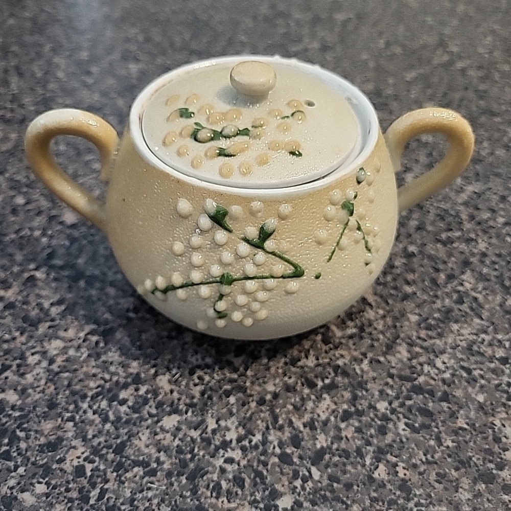 Japanese Antique‎ Teipotto Sharkskin Pottery Sugar Bowl Beige/White/Green